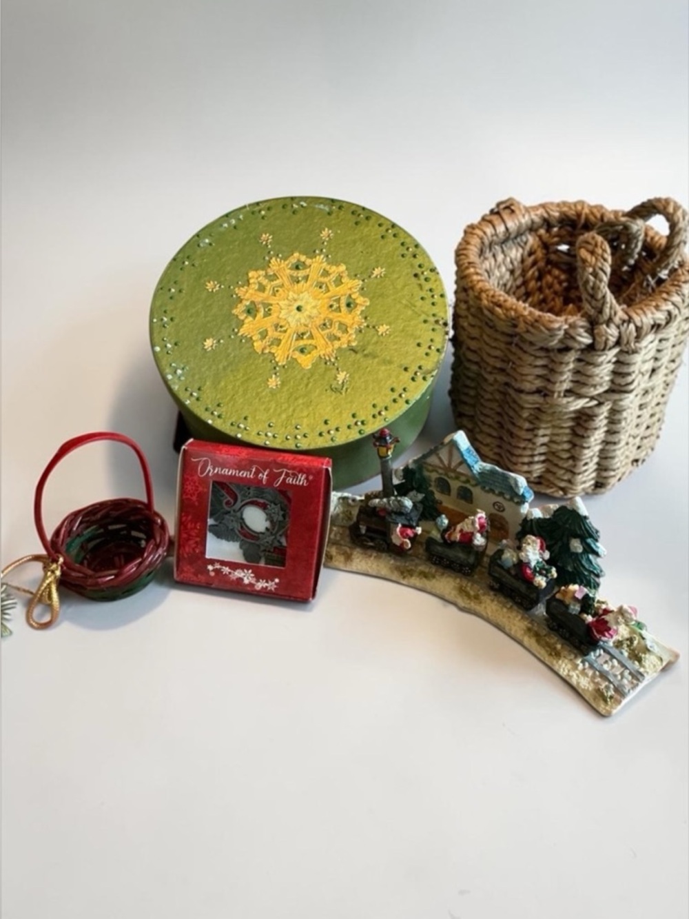 Christmas Decor 4 Piece Bundle Vintage Box Ornament Mini Basket Santa Train
